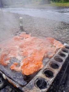 Ein Grill mit einem Haufen rosa Essen drauf. in der Unterkunft Arriendo Cabaña Entre Arrayanes. in Las Quemas del Salto