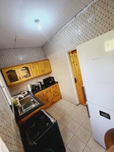 uma pequena cozinha com um lavatório e um frigorífico em Malikia apartment 2 em Brusubi