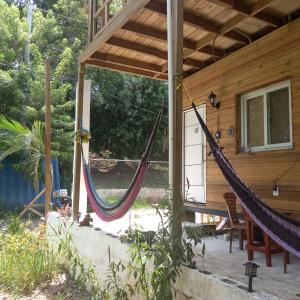 a hammock on the porch of a house at TOnat Caribe Hostel in West End