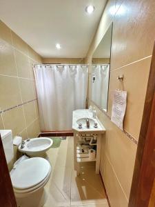 a bathroom with a toilet and a sink and a mirror at Cabañas Casa de Piedra in Trevelín +20 photos