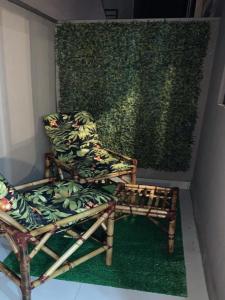 una habitación con 2 sillas y una pared verde en BRÁS Expo Center Norte Feira da Madrugada, shopping vautier 25 março, en São Paulo