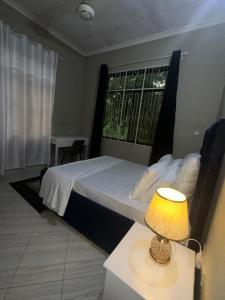 1 dormitorio con 1 cama y 1 mesa con lámpara en Stay with Tiffany, en Dar es Salaam