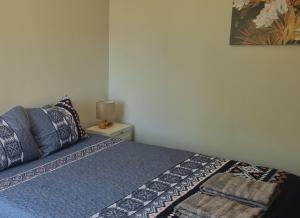 een slaapkamer met een bed met blauwe lakens en een lamp bij Middle of Everywhere in Motueka