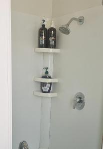 a bathroom with shelves with bottles on the wall at Middle of Everywhere in Motueka