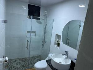 uma casa de banho com um chuveiro, um lavatório e um WC. em Aparta Hotel Esa Buya em San Fernando de Monte Cristi