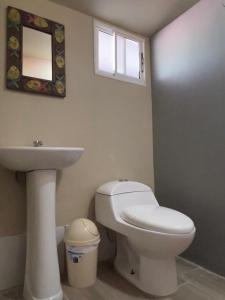 a bathroom with a toilet and a sink and a mirror at SelvaToSleep in Quepos