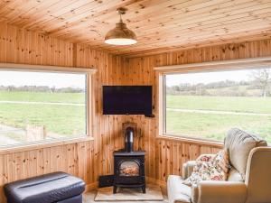a living room with a stove and two windows at Langston Farm Chalet in Shillingstone