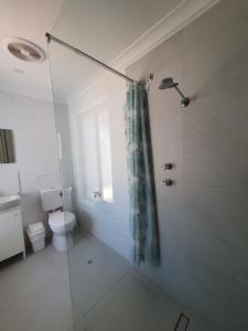a bathroom with a shower and a toilet at The African Reef in Geraldton
