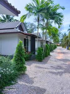a row of houses with palm trees and a driveway at Lung Pod 9 resort in Chumphon