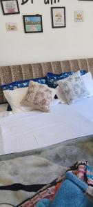 ein Schlafzimmer mit einem Bett und Kissen darauf in der Unterkunft Takeabreak in Bhowāli