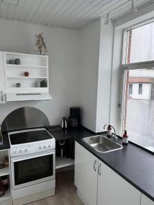 a white kitchen with a sink and a stove at Tønders bedste udsigt et værelse stue spisestue køkken badeværelse in Tønder
