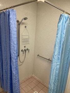La salle de bains est pourvue d'une douche avec un rideau de douche bleu. dans l'établissement The Park Motel, à Charters Towers