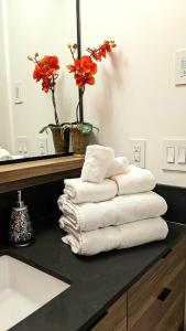 - une pile de serviettes sur un comptoir dans la salle de bains dans l'établissement Alice in Kelowna, à Kelowna
