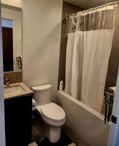 a bathroom with a toilet and a sink and a shower at Aesthetic & classy apartment unit in Vaughan