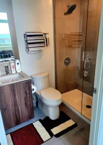 a bathroom with a toilet and a shower at Aesthetic & classy apartment unit in Vaughan