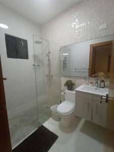 a bathroom with a shower and a toilet and a sink at Estrella de luz penthouse a estrenar in Santiago de los Caballeros