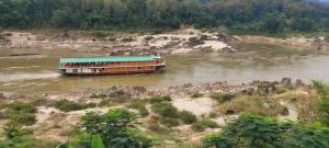 a ferry boat on a river with trees in the background at Mekong Backpackers in Pakbeng