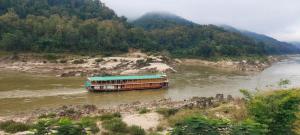 a boat on a river with a green roof at Mekong Backpackers in Pakbeng