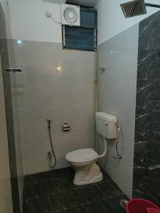 a small bathroom with a toilet and a shower at Preeti's Nest in Varanasi