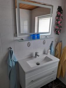 een badkamer met een witte wastafel en een spiegel bij Ferienwohnung Zawalla in Kamminke