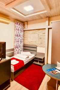 a small room with a bed and a red rug at Casa Teo in Mahmudia