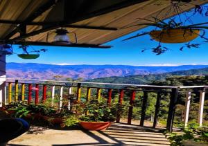 uma vista para as montanhas a partir de um alpendre com plantas em KASANA CLUB MUSSOORIE em Mussoorie