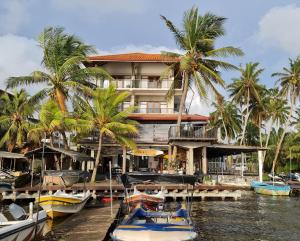 un edificio con barche ormeggiate di fronte a un porto turistico di Malu Banna ad Aluthgama