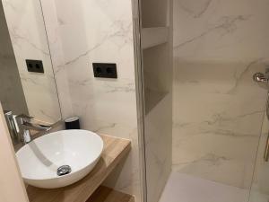 a bathroom with a sink and a shower at Lujoso apto Paseo Del Prado in Madrid