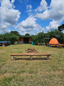 a bench sitting in the middle of a field at Santa Filomena Camping in Descalvado