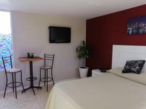 a bedroom with a bed and a table and a tv at New house in historic center, close to amenities. in Zacatecas