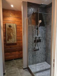een glazen douche in een badkamer met een schilderij bij Le loft de Vincennes in Vincennes