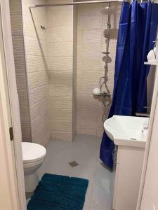 a bathroom with a shower and a toilet and a sink at Cosy Apartment in Varketili in Samgori