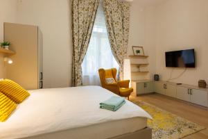 um quarto com uma cama, uma cadeira e uma televisão em Victoriei Square Apartment em Timişoara
