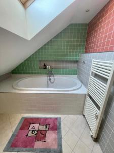 a bathroom with a tub and a pink and green tiles at Huge two floor apartment on the Park Colonnade with free parking for one car, 160 sqm in Karlovy Vary