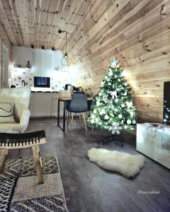 una sala de estar con un árbol de Navidad. en Zibran Cabane en Bran