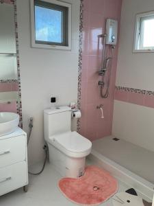班帕派的住宿－Maliwan House，粉红色的浴室设有卫生间和水槽