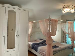 班帕派的住宿－Maliwan House，一间卧室配有一张带粉红色窗帘的天蓬床