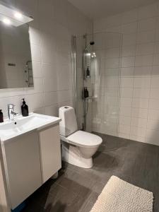 a bathroom with a toilet and a sink and a shower at Newly produced and bright apartment close to metro in Solna
