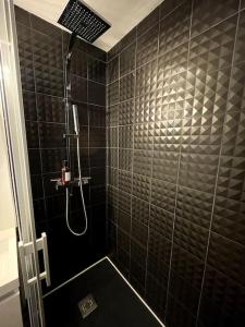 a bathroom with a shower with black tiles at VILLA GABY ~ Jardinet ~ hyper-centre in Pau