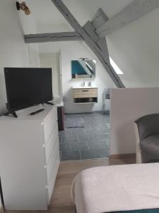 a bedroom with a flat screen tv on a dresser at Chambre d'hôtes Orchidée in Levesville-la-Chenard
