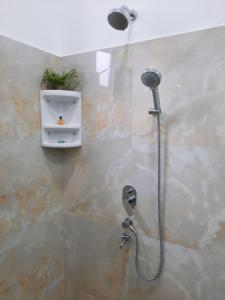eine Dusche im Bad mit einer Pflanze an der Wand in der Unterkunft "The Anchorage" of Field View in Pannipitiya