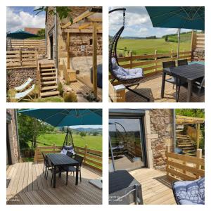a collage of four pictures of a patio with an umbrella at Gîte Le four à pain avec SPA in Montmelard