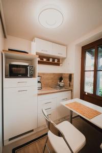 a kitchen with a white refrigerator and a table with a microwave at Retreat am See in Leipzig