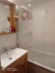 een badkamer met een douche, een wastafel en een bad bij Appartement à Puy Saint Vincent 1700 in Puy-Saint-Vincent