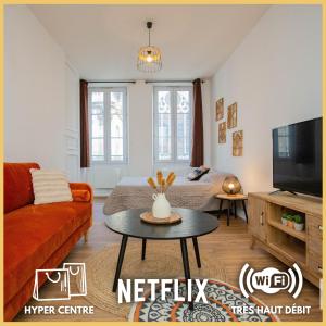 a living room with a couch and a tv at Ô Centre- Chaleureux - Fibre - Netflix in Montargis