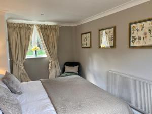a bedroom with a bed and a window and a chair at Beautifully appointed one-bedroom cottage in Shepreth