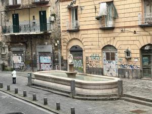 una persona parada frente a un edificio con una fuente en B & B VICO GRANDE en Nápoles