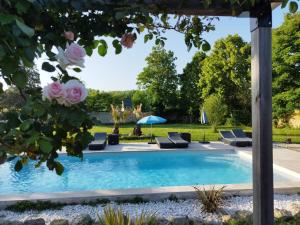 una piscina con tumbonas y flores en Le Clos de la Commanderie, en Amboise