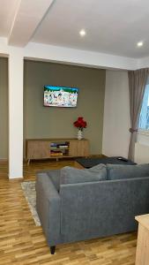 a living room with a blue couch and a tv at Casa rural completa y con garaje in Vigo