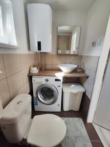 a bathroom with a toilet a sink and a washing machine at Apartmán tiny house v prírode 